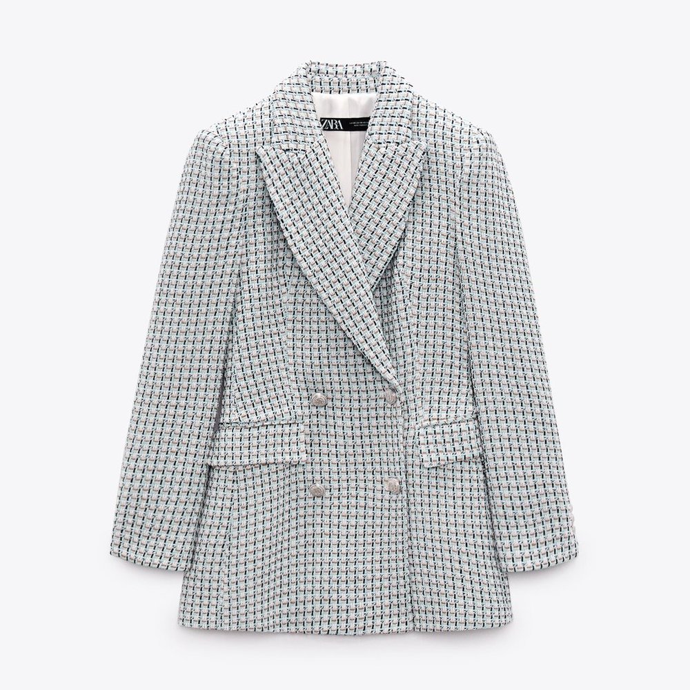 SOLD RARE BLOGGERS FAV Zara textured double breasted blazer blue silver tweed… - Picture 2 of 7